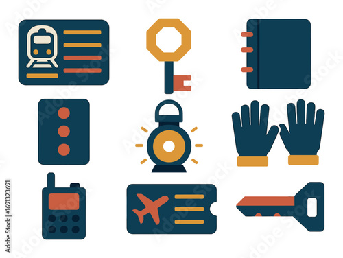 Transport and travel flat icons set. featuring train ticket, boarding pass, flight, lock, notebook, flashlight, gloves.
