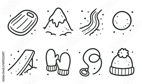 Winter activities linear icon set. featuring sledding, snow mountain, skiing, snowball, slide, mittens, scarf, hat.