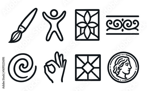 Art and craft linear icon set. featuring paintbrush, artist, mosaic, flourish, swirl, hand gesture, portrait symbols.