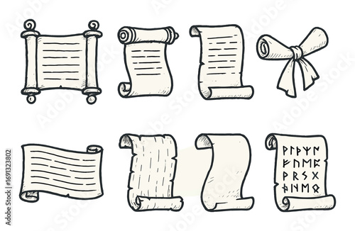 Writing and scrolls silhouette icon set. featuring parchment, rolled scroll, ribbon-tied, runes, text symbols.