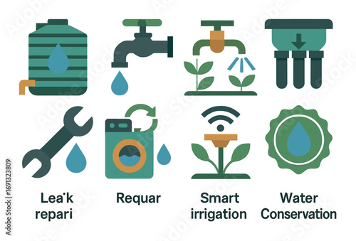 Water conservation flat icons set. featuring tap, leak repair, smart irrigation, water tank, and filter symbols.