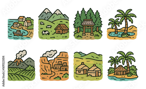 Geography silhouette icon set. featuring village, mountain, forest, shrine, desert, volcano, yurts, island..