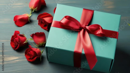 A beautifully wrapped gift box with a red ribbon and a bunch of red roses placed around it. The roses are of various sizes and are scattered around the box, creating a lovely and romantic atmosphere