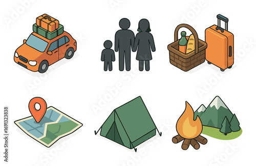 Summer camping flat icon set. featuring car, family, picnic, luggage, map, tent, campfire, mountains.