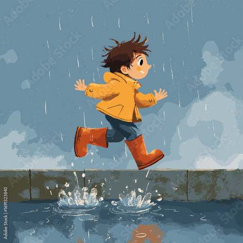 A joyful child leaps with delight in a rain shower. He wears a yellow raincoat and orange boots, enjoying the splash from the puddles