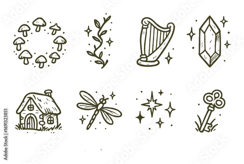 Fairy tale linear icon set. featuring mushroom wreath, twig, harp, crystal, cottage, dragonfly, star sparkle, key.