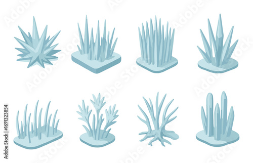 Nature silhouette icon set. featuring cactus, grass, spiky plant, bush, and tree symbols.