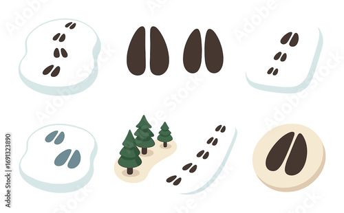 Animal tracks flat icon set. featuring deer, moose, raccoon, bear, bird, and forest symbols.