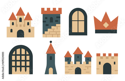 Castle architecture flat icon set. featuring gate, tower, window, castle, and crown symbols.