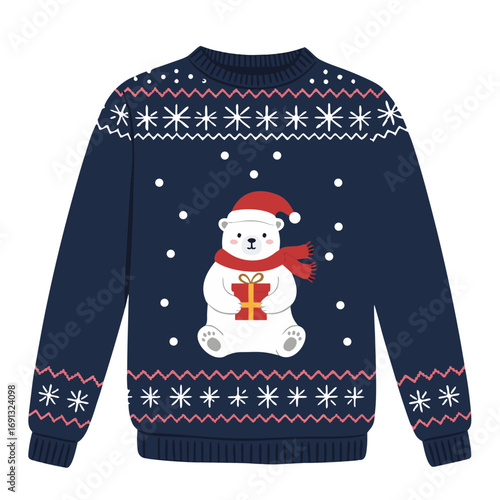 Cute polar bear with a gift on navy ugly sweater Christmas design, transparent background, isolated, vector  