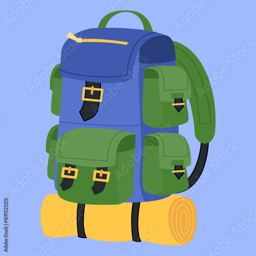 Vector illustration of a hiking backpack with a sleeping mat for adventure travel