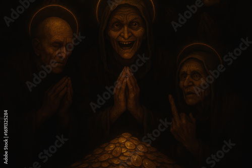 Ironic image: People with halos above their heads pray to money as a symbol of greed and hypocrisy.