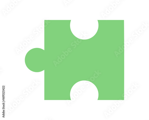Flat green jigsaw puzzle piece on a simple background. Classic jigsaw shape for table and boardgame concepts. Ideal for fun leisure, children toys, or hobby activities. Minimalist silhouette design