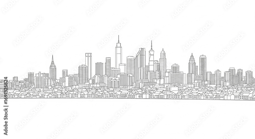 Fototapeta premium Detailed Outline Drawing of a Modern City Skyline with Skyscrapers on an Isolated transparent background