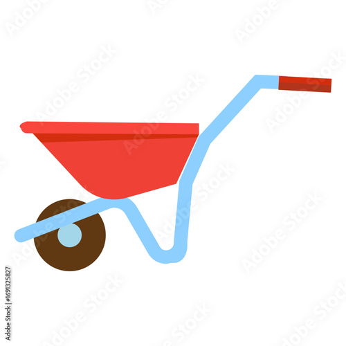 Stylized flat icon of a red garden wheelbarrow on a white background