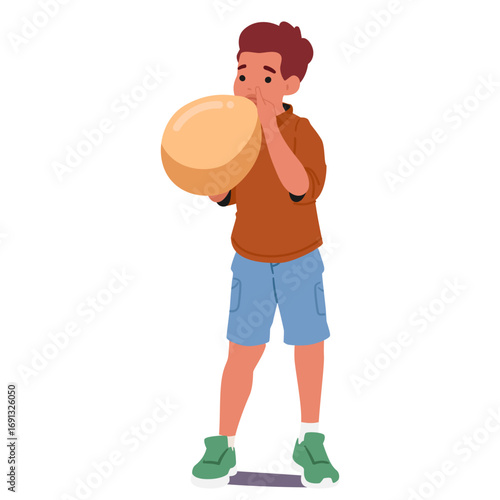 Concentrated little boy child cartoon character blowing fragile air balloon isolated on white