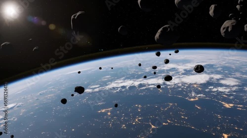 Asteroids Flying Close to Planet Earth from Space Large asteroids moving near Earth’s orbit, showing space hazards