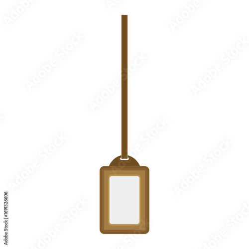 Blank hanging luggage tag with rope against white background, isolated