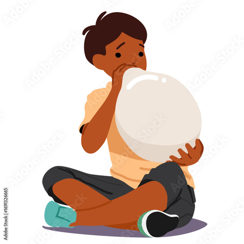 Little boy child cartoon character blowing balloon while sitting on floor isolated on white
