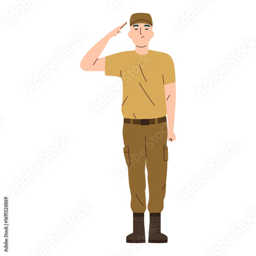 Young male soldier in uniform standing at attention and saluting