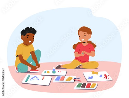 Boy and girl cute children characters playing with clay plasticine making funny toys from material