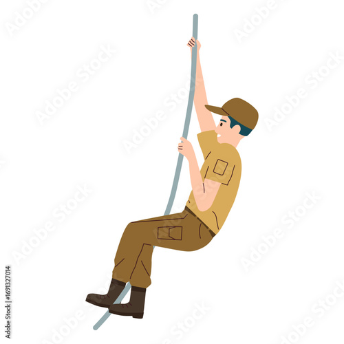 Young soldier in uniform performing a challenging rope climbing exercise
