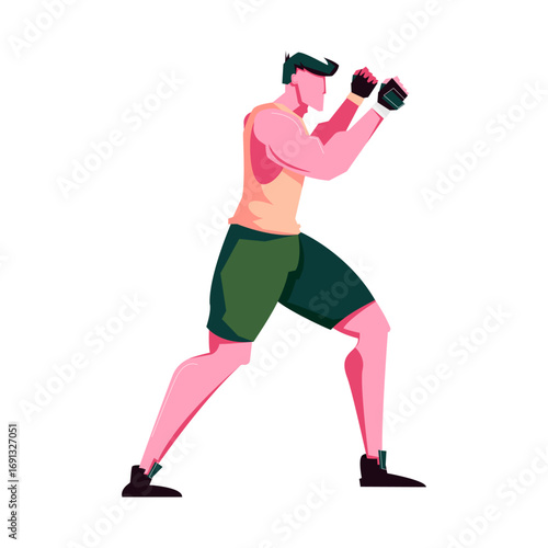 Dynamic illustration of a male boxer in an aggressive fighting stance, ready for action
