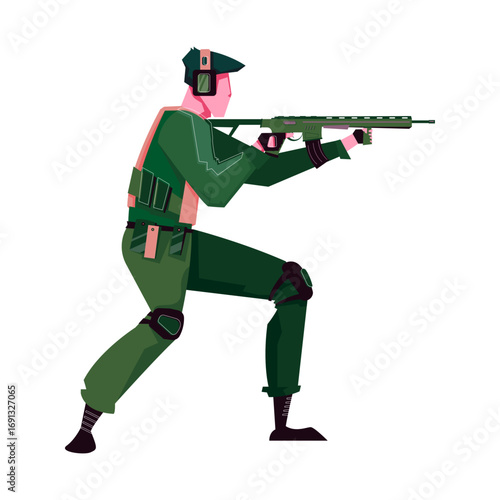 Military Personnel Aiming a Rifle While in a Crouching Position