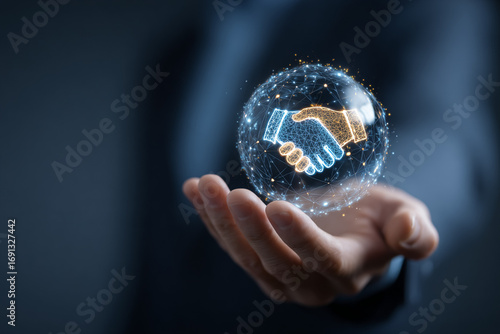 Blue, Gold, Abstract Handshake in Hand. Represents trust and agreements. For presentations, posters, and web design.