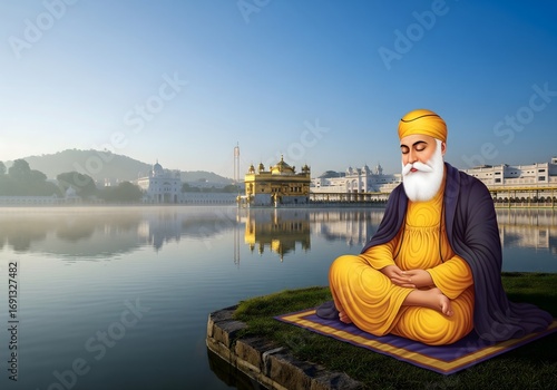 Guru Nanak Meditating at Golden Temple, Amritsar, India  Sikhism, Reflection, Lake, Spiritual, Religion.