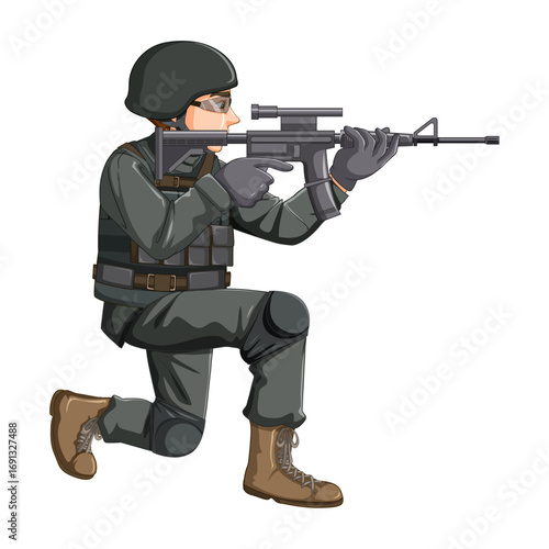 Kneeling soldier in full combat gear aiming a scoped rifle for defense