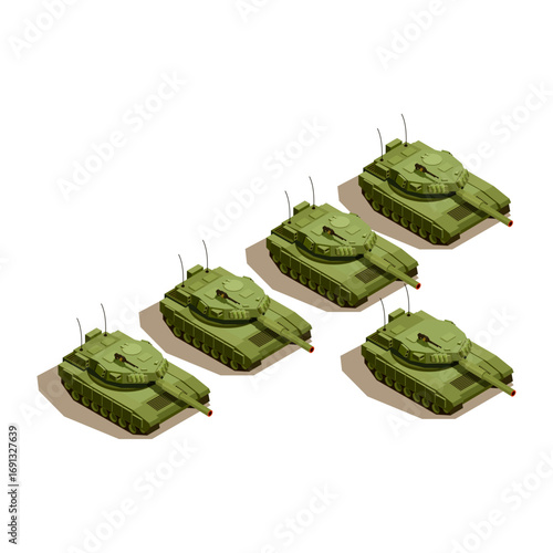 Isometric Tanks in Formation - Vector Illustration