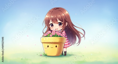 Charming Anime Girl Tending to a Cheerful Flower Pot in a Sunny Meadow