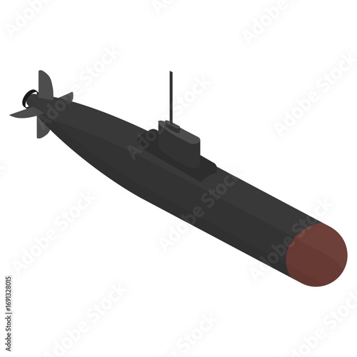 Modern military submarine illustration with sleek black hull and red nose cone