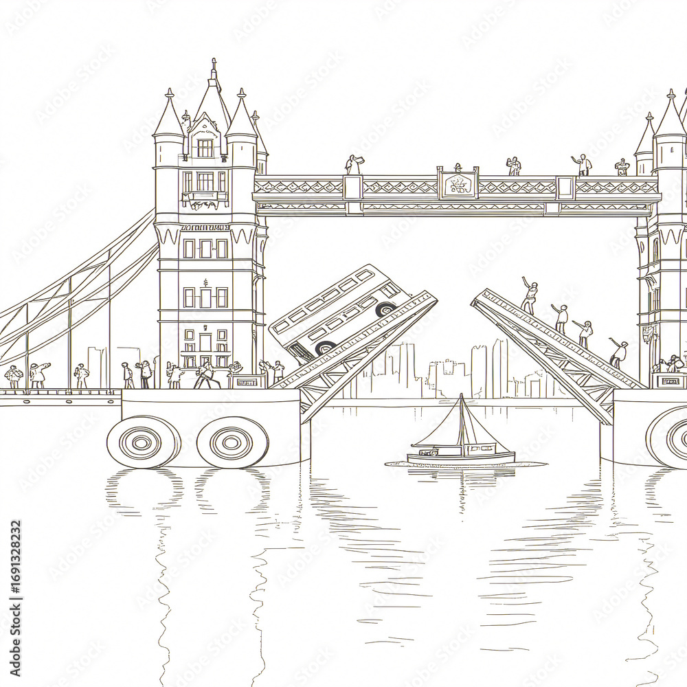 Fototapeta premium Tower Bridge Opening A Detailed Line Drawing Illustration