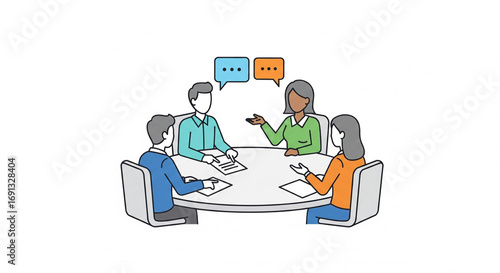 Four diverse business people actively engaged in a productive meeting and discussion around a round table, in a bright studio environment.