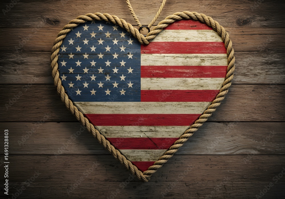 Obraz premium Rustic American Flag Heart, USA Patriotism, Wood Background, Rope Border, Love of Country