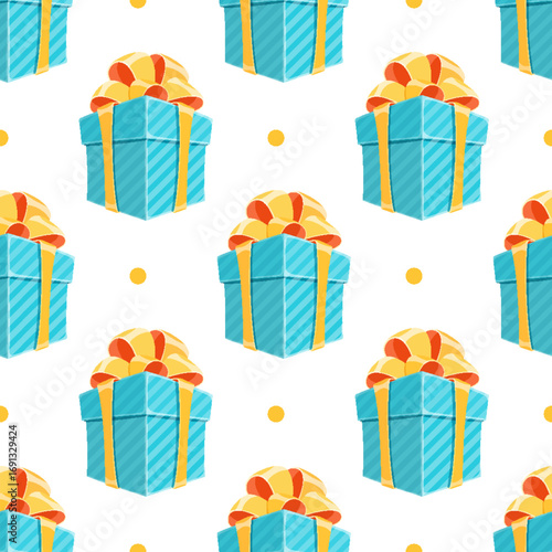 Cartoon gift box seamless pattern with ribbon and bow. Present motifs in colorful design, ideal for holiday surprise or birthday party. Wrapping and package style brings cheerful festive appeal to