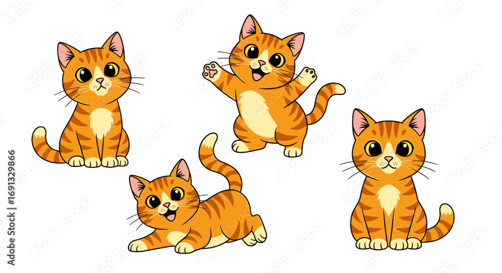 Obraz premium Four cartoon orange tabby cats in various poses sitting playing and standing with happy expressions