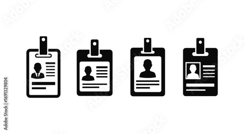 Four identity cards with person and text displayed in a row on a plain white setting view from above