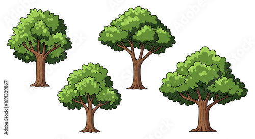 Four cartoon trees with green foliage and brown trunks arranged on a plain white setting area view