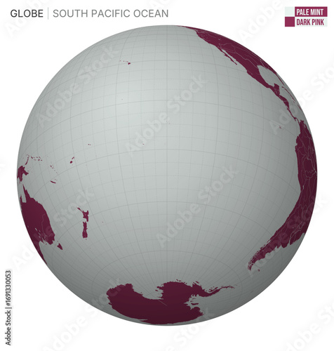 Vector Globe centered to South Pacific Ocean. Pale Mint Dark Pink palette. World map with meridians, parallels, countries, rivers and lakes. Charming vector illustration.