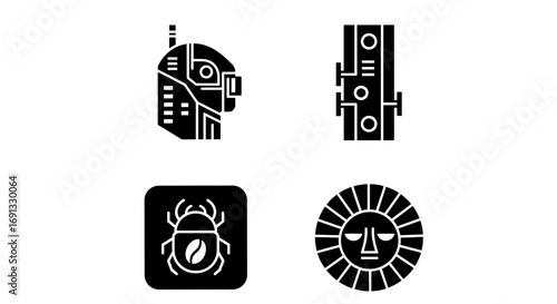 Four distinct glyphs depicting a robot head, device, beetle, and sun face, all in a graphic style