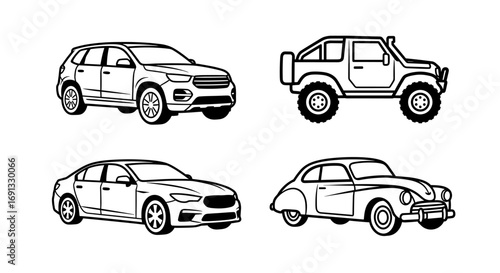 Four vehicles displayed as line drawings including a suv, jeep, sedan and a beetle car