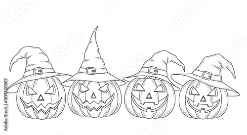 Four pumpkins wearing witch hats with unique facial expressions in a line art illustration