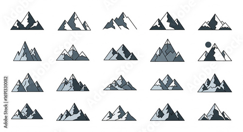 Free Download Set of diverse mountain icons in flat design style, representing nature, adventure, and travel on an isolated transparent background. - GFXLoad
