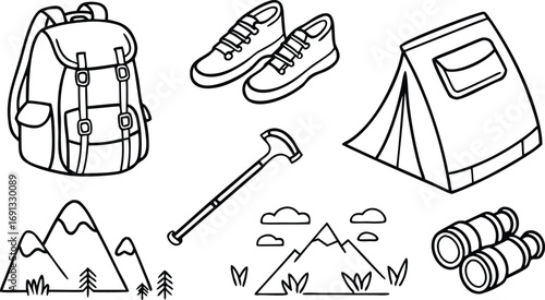 Hiking Gear Line Icons Vector