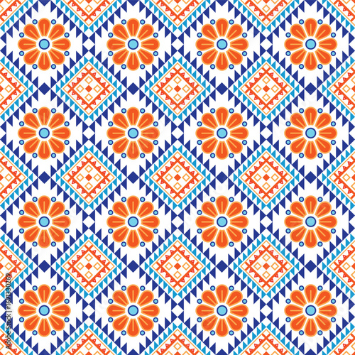 Thai Tribal Fusion Art Pattern Vector with Orange, Blue, and Navy Geometric Motifs Combined with Orange Floral Elements on White Background – Seamless Decorative Textile Design for Fabric, Wallpaper,