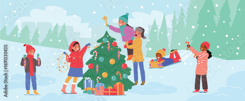 Happy children decorating Christmas tree outdoors, having winter fun activity cartoon scene