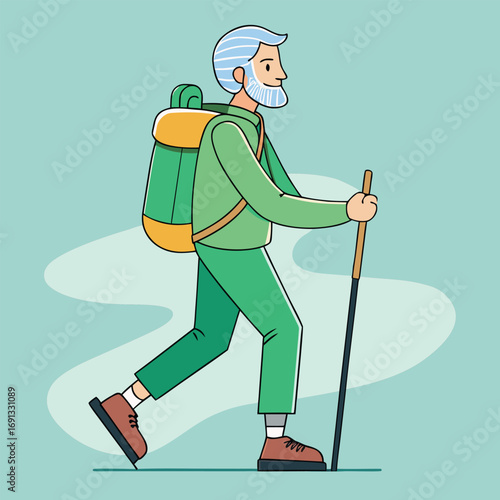 Active senior man hiking with backpack and trekking pole enjoying outdoor adventure